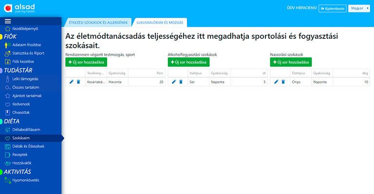 Sportolási és fogyasztási szokások beállítása